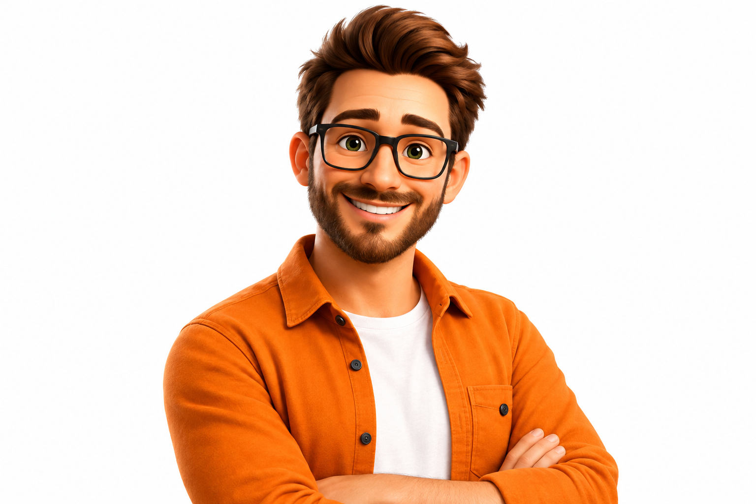 Le visage de Monsieur Discovery, chemise orange et lunettes